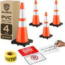 (4-Pack) SILARYO 28 Inch Traffic Cones | 330-Ft Caution Tape & 3 Attach-on Signs | Heavy-Duty Orange Traffic Cones | Tall & Large Traffic Safety Cones for Construction - PVC, Anti-Skid, -20F to 130F