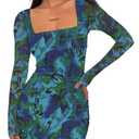 Prinbara Womens Mesh Long Sleeve Square Neck Ruched Mini Dress Sexy Bodycon Elegant Cocktail Evening Club Party Short Dresses Floral Deep Green X-Small