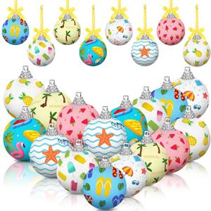 16 Pcs Summer Hanging Tree Ornaments Hawaiian Style Ball Decoration Ice Cream Orange Juice Flamingo Sea Seahorse Style Ball for Summer Holiday Party Tree July Christmas Decor(Beach)
