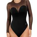 Popilush Mesh Long Sleeve Tops for Women Black Sheer Shapewear Corset Bodysuit Tummy Control Date Night Fall Concert Outfits Black S
