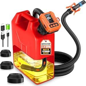 Cordless Fuel Transfer Pump, 3.8 GPM Automatic Gas Can Pump, Electric Fuel Pump Built in 6000mAh Rechargeable Battery, LED Display, Auto Stop, 3 Gear Adjustable Flow, 3 Adapters, 90" Hose for Gasoline