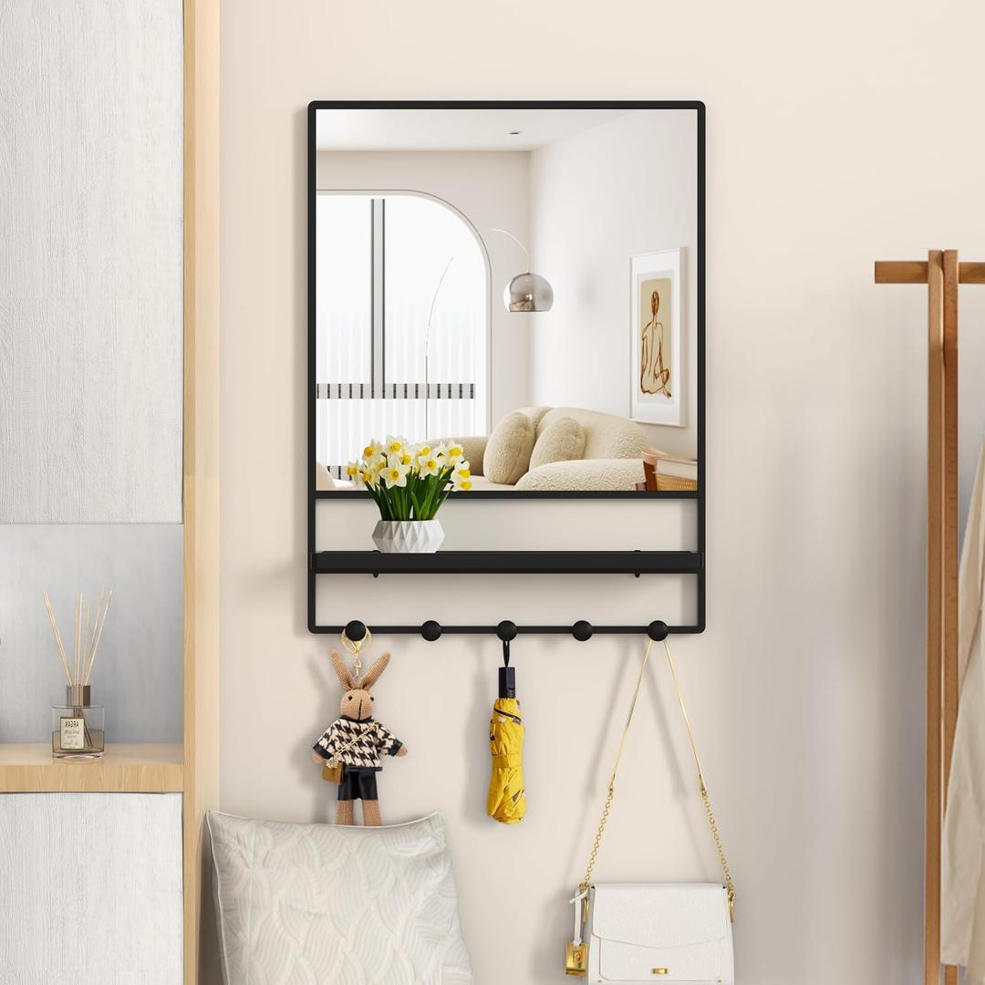 Wall Mirror with Shelf and Hooks,Vanity Mirror with Hooks, 21 X 28 inch Metal Framed Bathroom Mirror with Shelf for Bathroom, Entryway, Bedroom, Living Room (Black, 21" x 28")