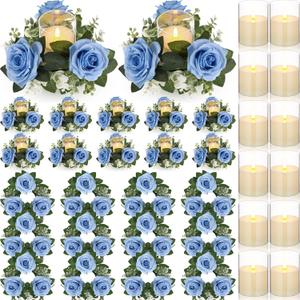 Yunlly 12 Pcs Rose Candle Rings with Flameless Candles Sets, Artificial Flower Eucalyptus Wedding Centerpiece 3 Inch Pillar Candleholders Wreaths for Wedding Party Mother's Day (Blue)