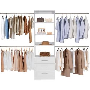 VEVOR Closet System with 3 Drawers, Adjustable Height Wooden Closet Organizers, Modern Walk-in Wardrobe Organization with 4 Retractable Clothes Hanger Rods, Freestanding Garment Rack Storage, White