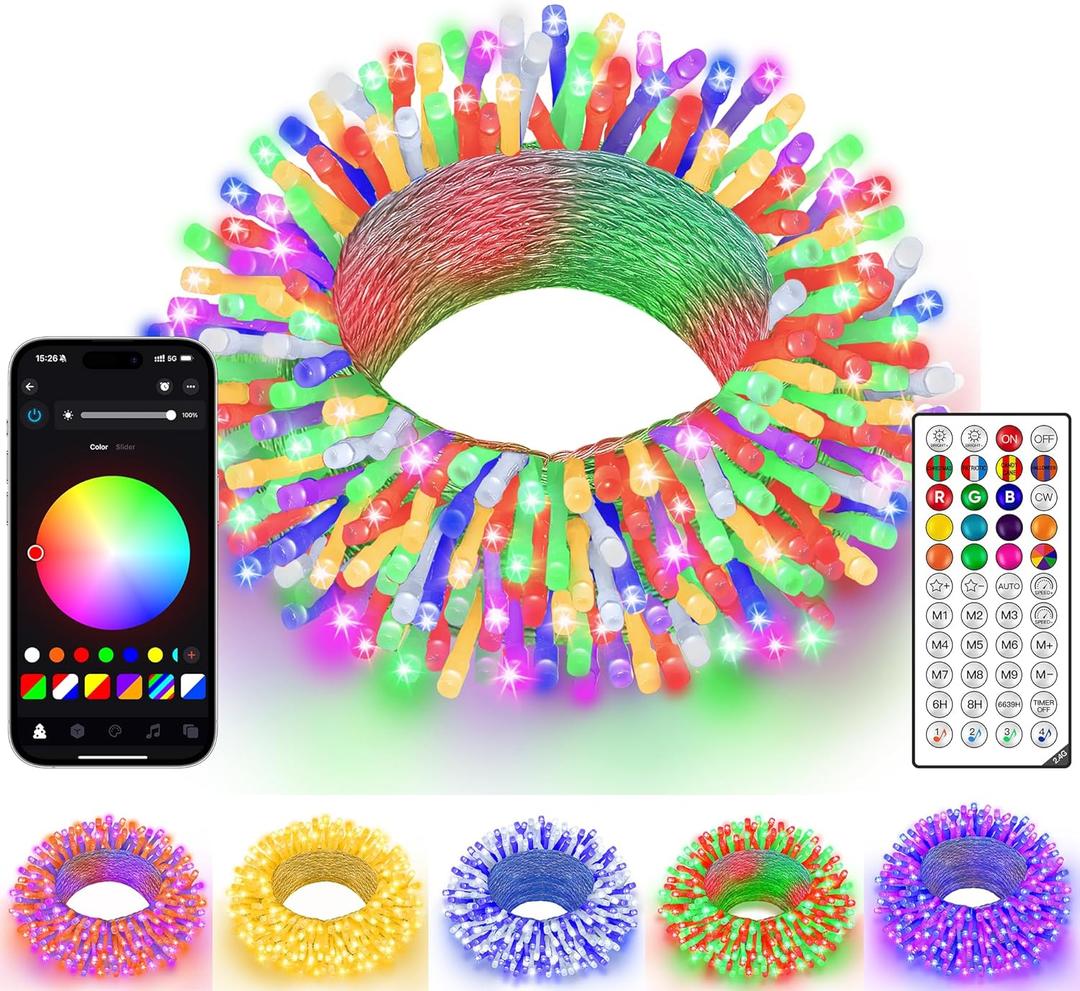 Ollny Smart Christmas Lights, 66FT 200 LEDs APP Control RGB Color Changing Christmas Tree Lights with Remote, Programmable DIY Musical Waterproof Decor Light with Timer for House Indoor Outdoor House (Clear Wire 200LED)