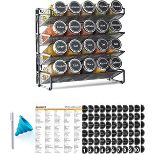 SpaceAid Spice Rack Organizer with 20 Spice Jars, 386 Spice Labels, Chalk Marker and Funnel Set for Cabinet, Countertop, Pantry, Cupboard or Door & Wall Mount - 20 Jars, 9.8" W 10.8H, Black