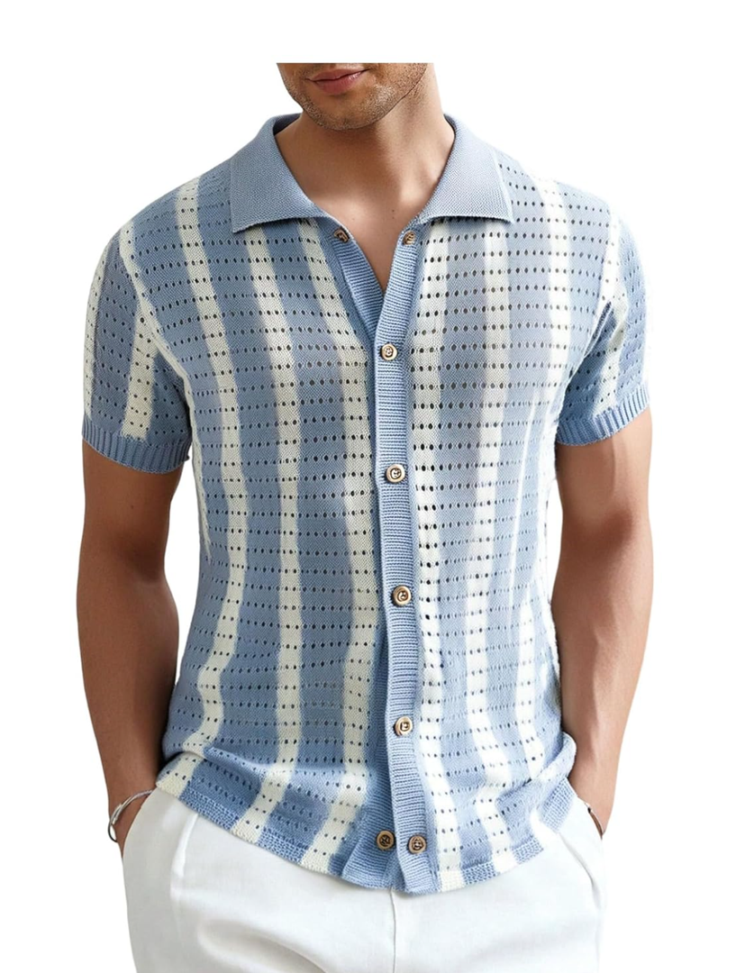 Verdusa Men's Striped Crochet Button Down Shirts Hollow Out Half Sleeve Collared Knit Tops Blue S