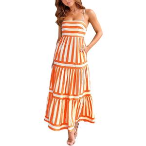 chouyatou Women Spaghetti Strap Back Smocked Maxi Striped Dress Summer Casual Floral Flowy Beach Sun Dress (Orange)