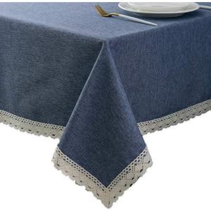 EHouseHome Faux Linen Tablecloth with Lace Trim - Waterproof/Spill Proof/Stain Resistant/Wrinkle Free/Oil Proof - for Banquet, Parties, Dinner, Wedding, Holiday, Denim Blue Rectangle 60x120Inch