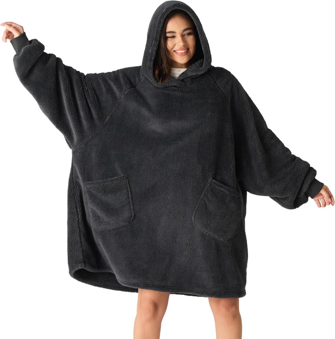 Bedsure Blanket Hoodie, Wearable Blanket Hoodie as Mothers Day Birthday Gifts for Women Men Mom Dad, Warm Cozy Soft Sweatshirt Hooded Blankets With Sleeves for Adult Women Men, Charcoal, Standard