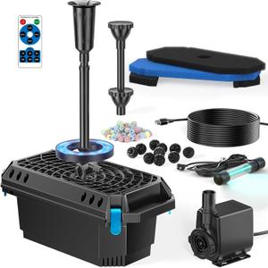 POPOSOAP Pond Filter with U-V Clarifier, 660GPH 40W Pond Pump and Filter Kit with RGB LED Lights, All-in-One Pond Fountain for Outdoor Ponds Up to 1300 Gallons P2360