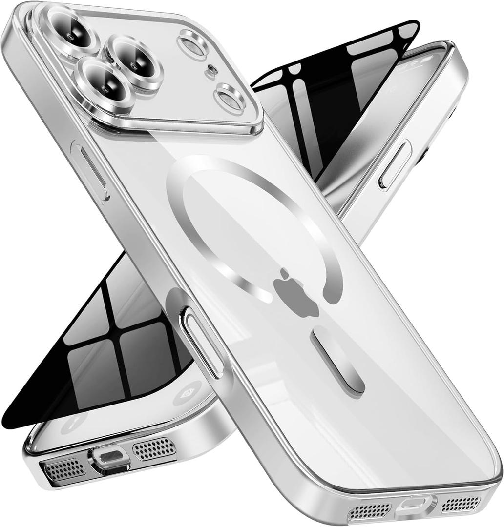 Magnetic for iPhone 17 Pro Case with Privacy Screen Protector & Full Camera Cover,[Non-Yellowing] Shockproof Clear Phone Case Compatible with MagSafe Women Girls for iPhone 17 Pro,Silver