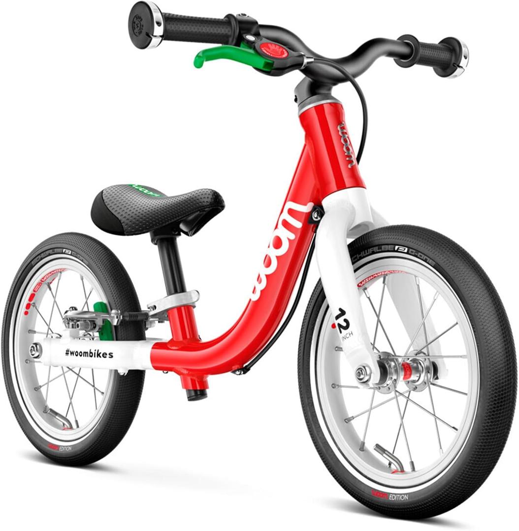 woom 1 Balance Bicycle for Kids 18 Months to 3.5 Years Old, Lightweight 12-Inch Toddler Bike with Handbrake & Steering Limiter, Boys & Girls - Red