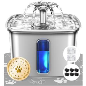 Veken Innovation Award Winner Stainless Steel Cat Water Fountain, 108oz/3.2L Automatic Pet Fountain Dog Water Dispenser with 6 Replacement Filters & Silicone Mat for Cats, Dogs, Multiple Pets (Silver) (108oz (Higher Fill Line))
