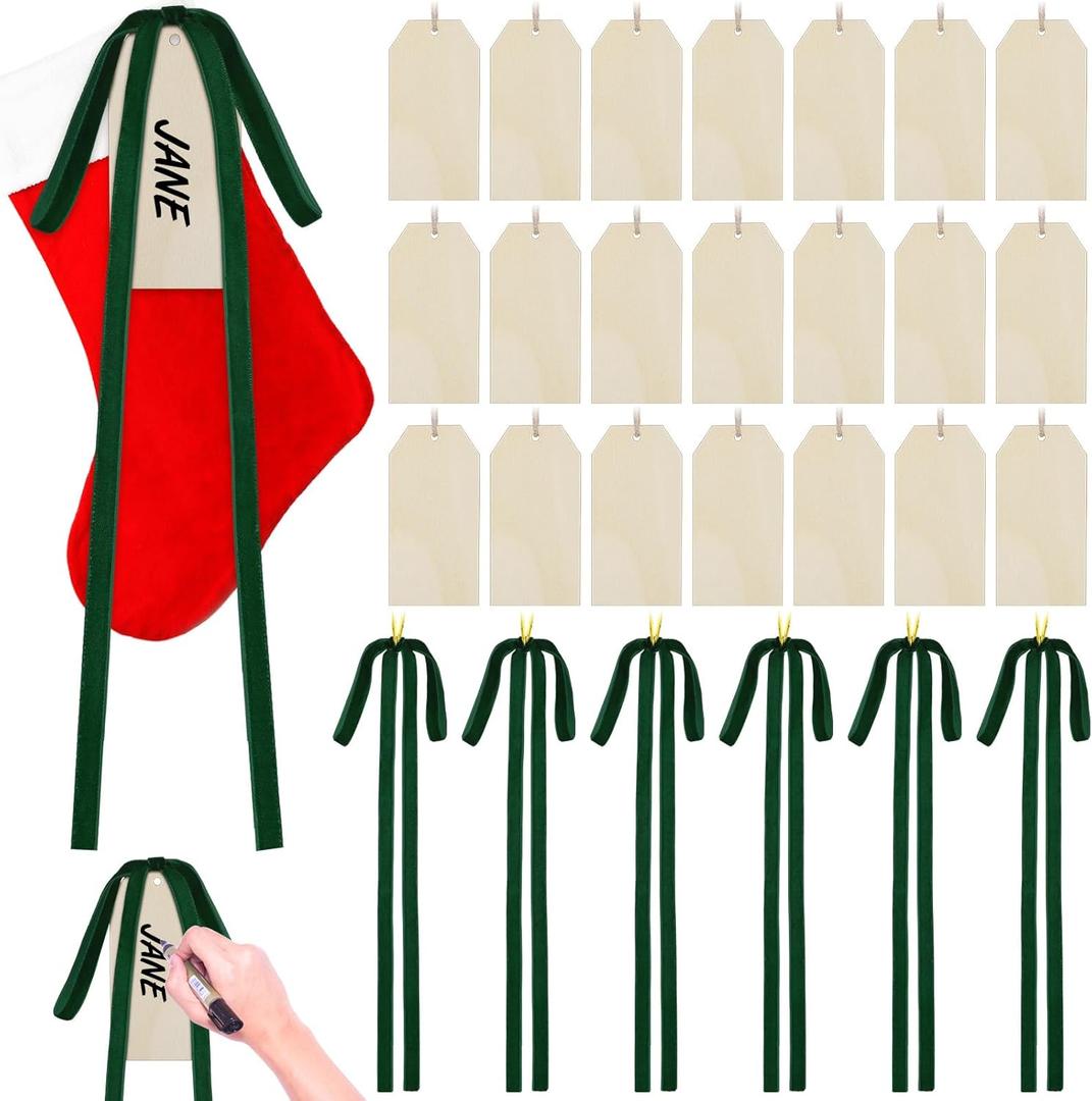 24 Set Christmas Stocking Name Tags with Bows Velvet Bows Unfinished Wood Vintage Personalized Tags for Farmhouse Xmas Stockings Rustic Christmas Tree Ornaments(Dark Green)