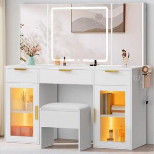 DWVO 56" LED Vanity Desk with Tri‑Fold Mirror & Lights Makeup Vanity Desk with 3 Drawers, 
Size	56.3"
Material	Engineered Wood
Product Dimensions	16.5"D x 56.3"W x 58.3"H