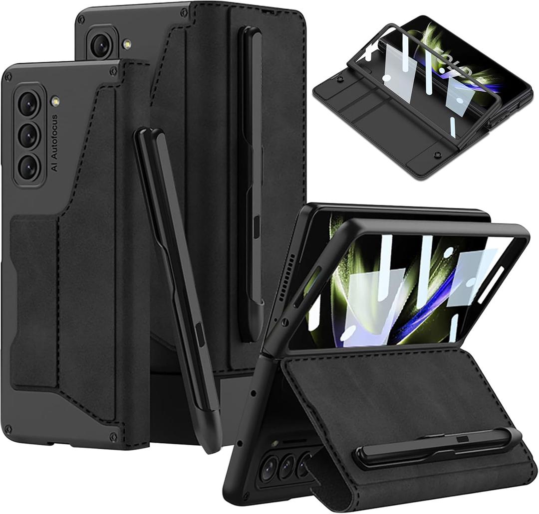 for Samsung Galaxy Z Fold 5 5G Case with [Fold5 Edition S-Pen Slot], Military Armor Cases Full Body Protective Anti-Scratch Hard Slim Leather Bracket Case with Screen Protector (Black)