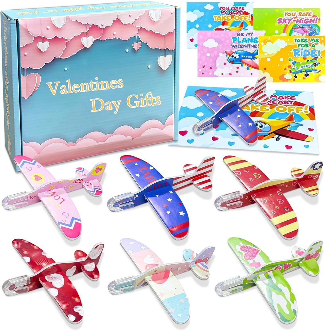 QETRABONE 30 Pcs Valentines Day Gifts, Foam Airplanes with Valentines Cards, Valentines Day Gifts for Classroom Airplane Party Favors Exchange Prizes