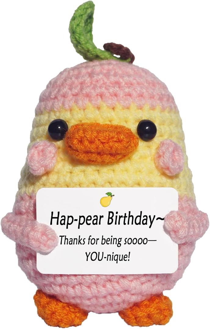 2 x Birthday Gifts for Women Men Mom Dad, Emotional Positive Handmade Crochet Duck-Pear Plush Gift Funny Gift Idea for Fathers Day Bestie Girlfriend Graduation coworker Her-Home Easter Decor-Cute Stuff