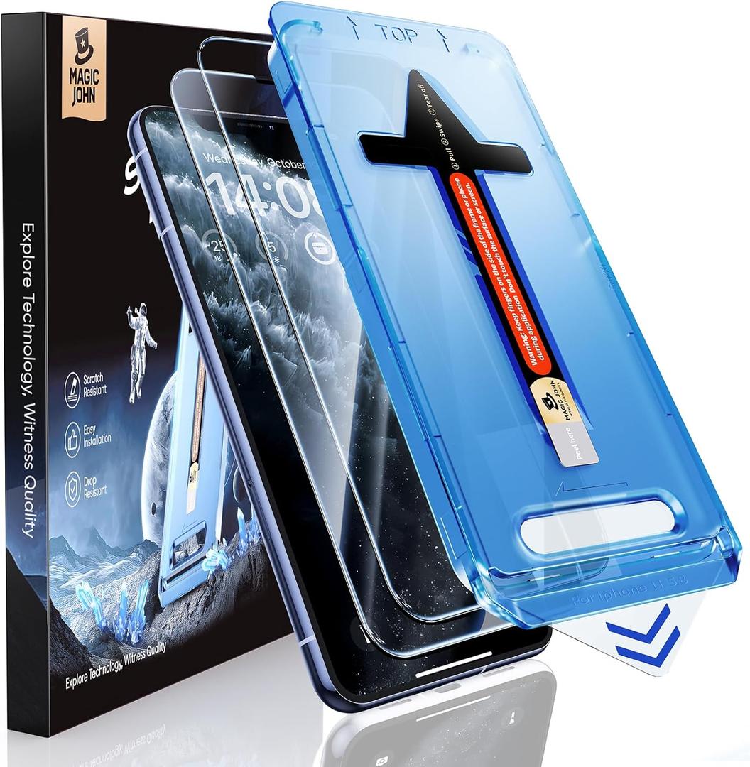 MAGIC JOHN 2 Pack Tempered Glass Screen Protector for iPhone 11 Pro/X/XS, Auto Dust-Elimination Installation, Bubble Free, HD Clear, Easy Installation