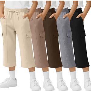 5 Pack Boys' Capris Pants Cargo Cropped Sweatpants Wide Leg Elastic Waist Drawstring 3/4 Short with 4 Pockets