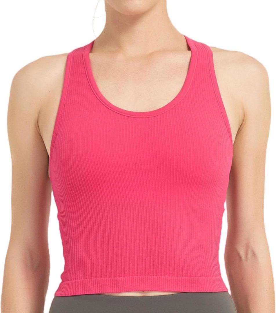 Womens Ribbed Workout Crop Tank with Built-in Bra Racerback Lightweight Yoga Top (Black, L)