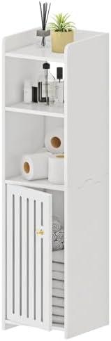 POBOMULI Small Bathroom Storage Cabinet, Narrow Bath Organizers with Door and Open Shelf for Toilet Bathroom Small Spaces, White
