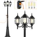 PARTPHONER Outdoor Lamp Post Light with GFCI Outlet, 3-Head Classic Black Light Pole with Glass Panels (3 LED Bulbs Included), Aluminum Waterproof Outside Street Light for Backyard Garden Driveway