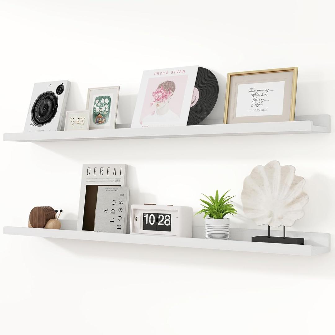 Floating Shelves for Wall, 48 inch Solid Wood Picture Ledge Shelf for Wall Storage, Nursery Book Shelves with Lip for Living Room Bathroom Bedroom Kitchen, Set of 2, Washed White (48inch, Set of 2)