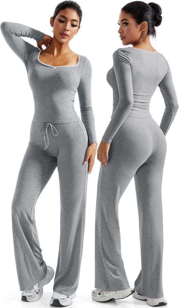 OMKAGI Womens Lounge Set Lace Square Neck Long Sleeve Tops Wide Leg Pants 2 Piece Outfits (Gray, L)