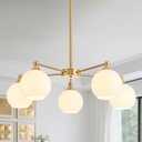 GlowHub Glass Globe Chandelier, Modern Brass Gold Pendant Light with Milk White Glass Shades, Sputnik Chandelier 5-Light Hanging Ceiling Light Fixture for Dining Room Kitchen Foyer, 30 Inches Wide