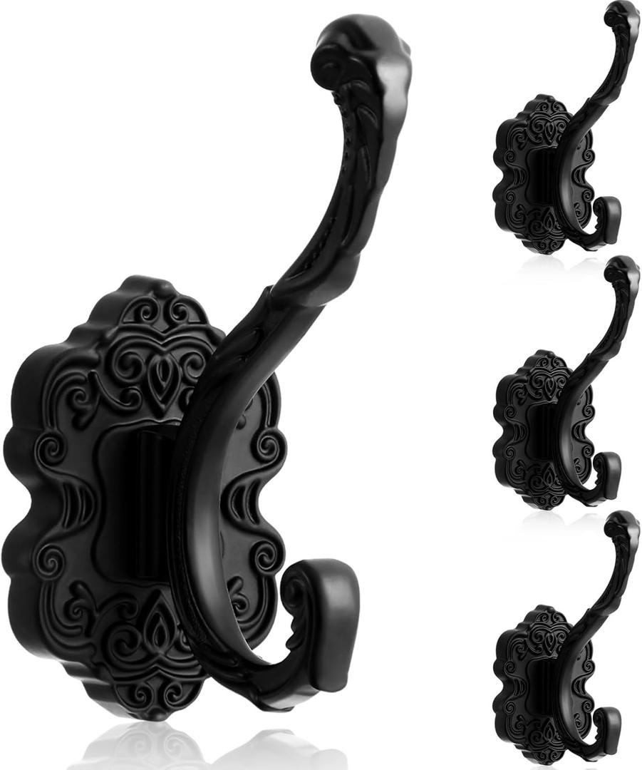Zonon 4 Pcs Black Wall Hooks Set Vintage Coat & Towel Hooks for Entryway, Bathroom, Bedroom Decorative Heavy Duty Wall Mounted Unique French Country Curtain Holder for Keys, Hats Bags, Clothes