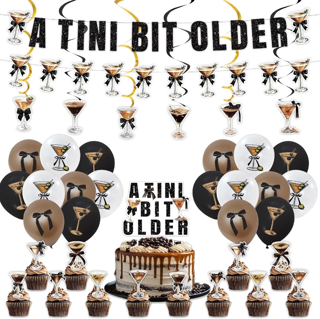 2 x Espresso Martini Bow Birthday Party Decorations, A Tini Bit Older Espresso Banner, Cake Topper, Olive Espresso Balloons, Satin Ribbon Bow Decor for Martini Themed Party, Martini Bachelorette Party