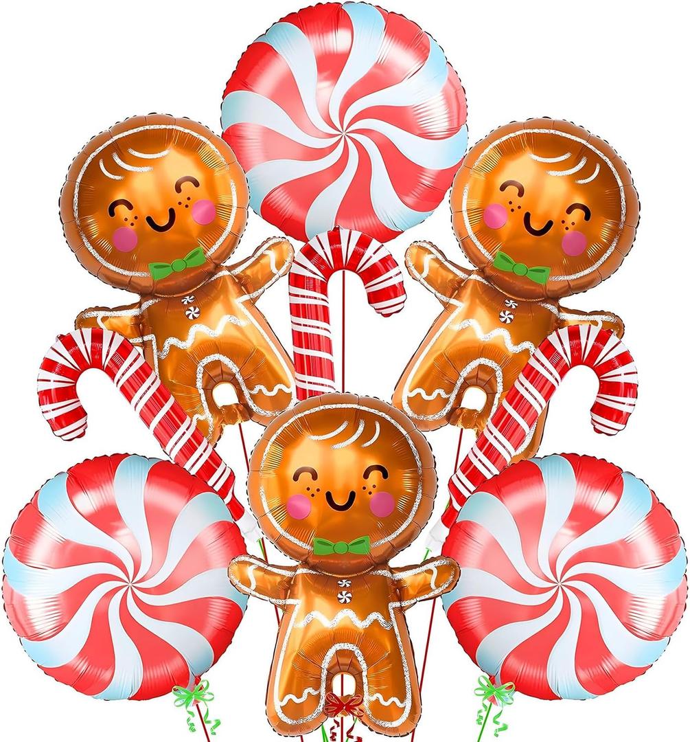 3 x Christmas Balloons Decorations, Gingerbread Balloons, Candy Cane Foil Mylar Balloon for Gingerbread Christmas Party Decorations, New Year, Birthday Party Supplies (Red)