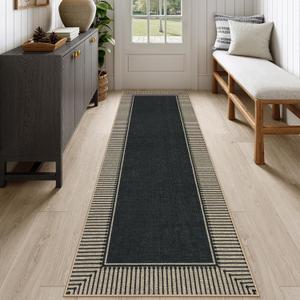 Moynesa Washable Black Striped Border Easy Jute Runner Rugs 2.5x8, Entryway Rug Runners for Kitchen, Farmhouse Indoor Outdoor Non Slip Carpet for Hallways Bathroom Bedroom Laundry