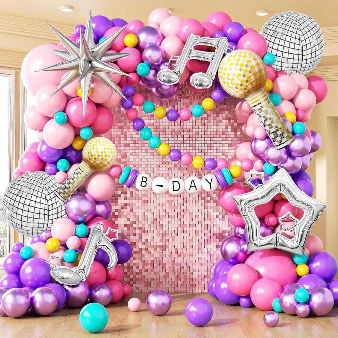 133pcs Pink and Purple Balloon Arch Kit, Light Pink Hot Pink Purple Balloons with 40inch StarFoil Balloons Disco Ball Music Microphone Balloons for Music Fans Singer Theme Birthday Party Decorations