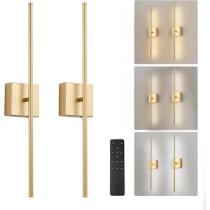 KARTOOSH Removable Battery Operated Wall Sconces with Remote Control, Stepless Colors 3000K-6000K & Dimming, 350Rotate, LED Gold Wireless Wall Light for Living Room, Bedroom, 28.3 Inch (2 Pack)