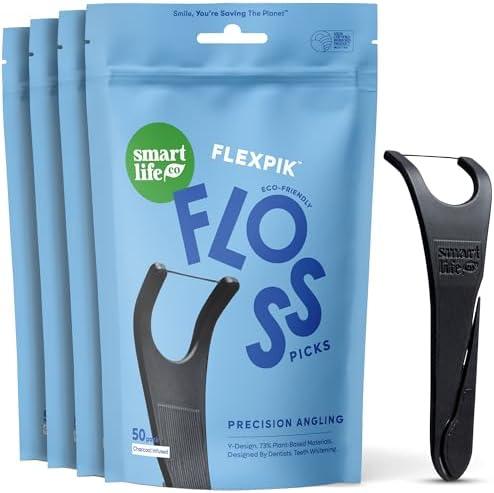 SmartLifeco Eco-Friendly Angled Dental Floss Picks (150ct) - Flossers Made With Straw Wheat Blend, Natural Whitening, Tooth Pick Stick For Adults, Vegan, Bamboo Charcoal Thread For Back Teeth & Molars