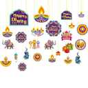 25 Pcs Diwali Hanging Decorations - Cutout Decor Sign, Happy Indian Peacock Hanging Sign, Deepawali Wall Plaque for Home, Holiday Festival of Lights