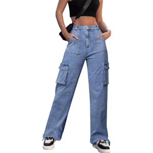 ZMPSIISA Women High Waisted Cargo Pants Wide Leg Casual Pants 6 Pockets Combat Military Trousers (Small, Denim Blue)