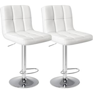 Sweetcrispy Bar Stools Set of 2, Armless PU Leather Adjustable Swivel Barstools, Hydraulic Kitchen Counter Height Thickened Seat Cushion Square Island Countertop Chairs with Back - White