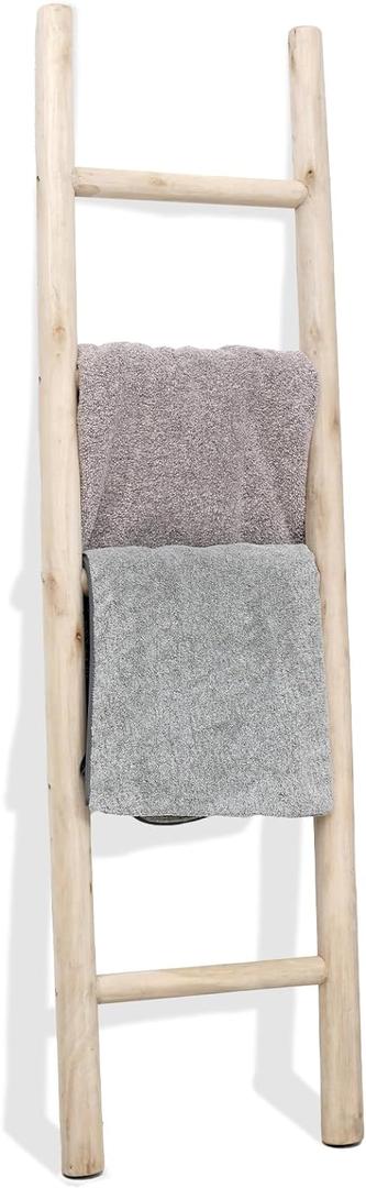 FUIN 57in Wood Blanket Ladder Living Room Decorative Wall Leaning Farmhouse Quilt Display Holder Rustic Wooden Towel Rack for Bathroom, Unfinished (57in | Knock Down, Natural)