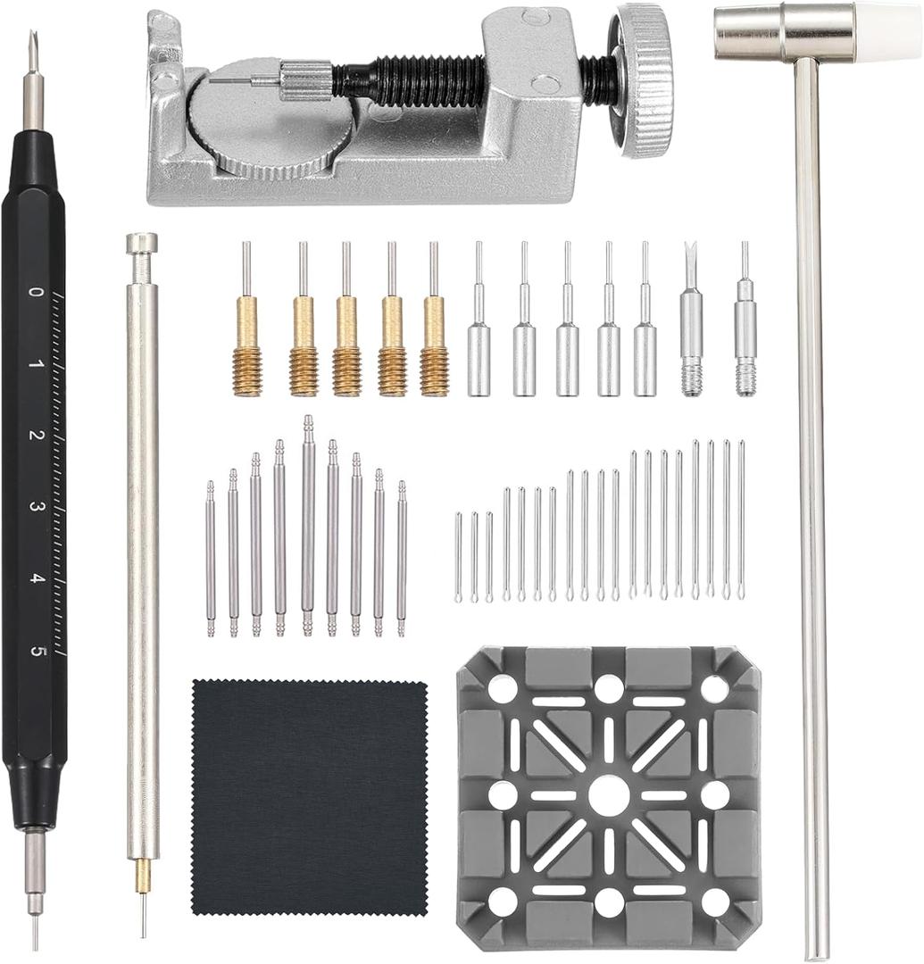 Watch Link Removal Tool Kit, Watch Band Adjustment and Resizing Tool Set with Double-Head Hammer, Metal Watch Band Link Remover, Strap Holder, Spring Bar Tool, 108PCS Spring Bars (8-23mm), Watch Pin Punches, Cleaning Cloth, with User Manual