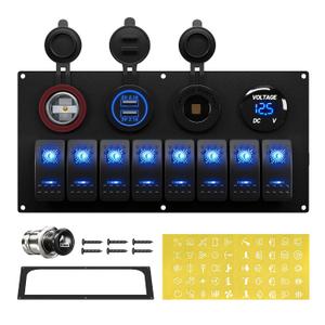 RVBOATPAT Marine Boat Switch Panel Waterproof 8 Gang 12V Rocker Switch Panel 12 Volt Toggle Switch Panel Blue LED Lighted for Automotive Car Truck
