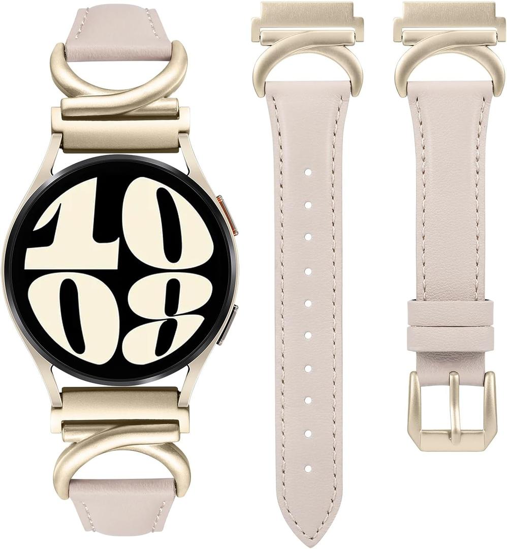 Minyee Leather Band Compatible with Samsung Galaxy Watch 7/6/5/4/FE/Active 2 40mm 44mm/Watch 6 Classic 43mm 47mm/Watch 5 Pro 45mm Bands, 20mm Slim Dressy Leather Strap with C-Shape Metal Buckle Women