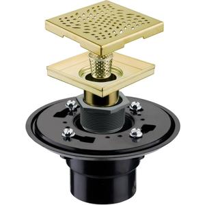 Brushed Gold Square Shower Drain with Flange 4x4, HIDROP 4 inch SUS 304 Stainless Steel Brass Gold Shower Floor Drain with Removable Hair Strainer