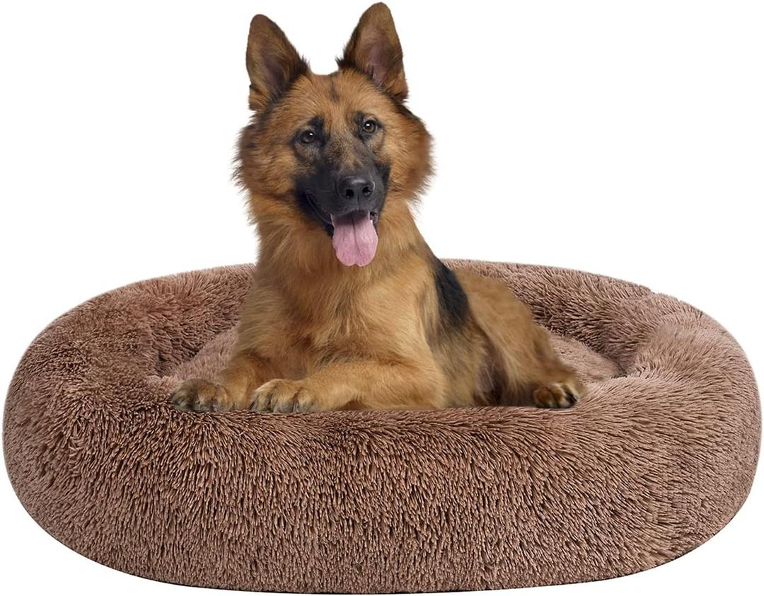 Coohom Oval Calming Donut Cuddler Dog Bed,Shag Faux Fur Cat Bed Washable Round Pillow Pet Bed(30"/36"/43") for Small Medium Dogs (L(30"x24"x7"), Camel)