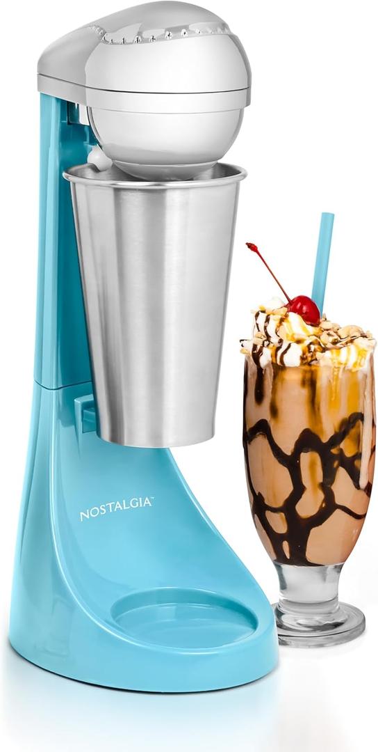 Nostalgia Two-Speed Electric Milkshake Maker and Drink Mixer, Includes 16-Ounce Stainless Steel Mixing Cup & Rod, Blue