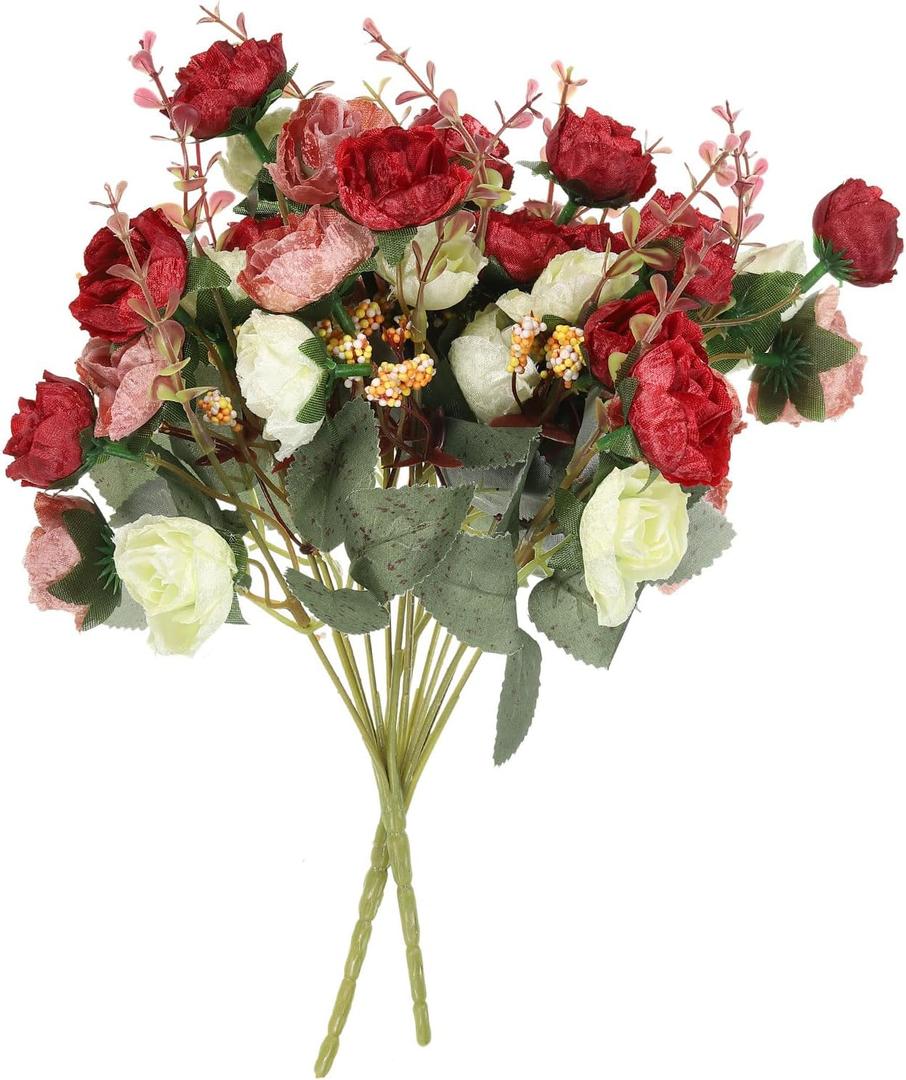 PATIKIL 7 Branch 21 Heads Artificial Silk Mini Rose with Stem, 2 Pack Fake Flowers Leaf Rose Decor Bouquet for Wedding Home Office Decoration, Red