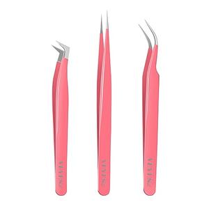 VEYES INC Lash Tweezers for Eyelash Extensions,High Precision Tweezers Kit Contains Isolation,Curved and Volume Lash Tweezers (3pcs) Pink